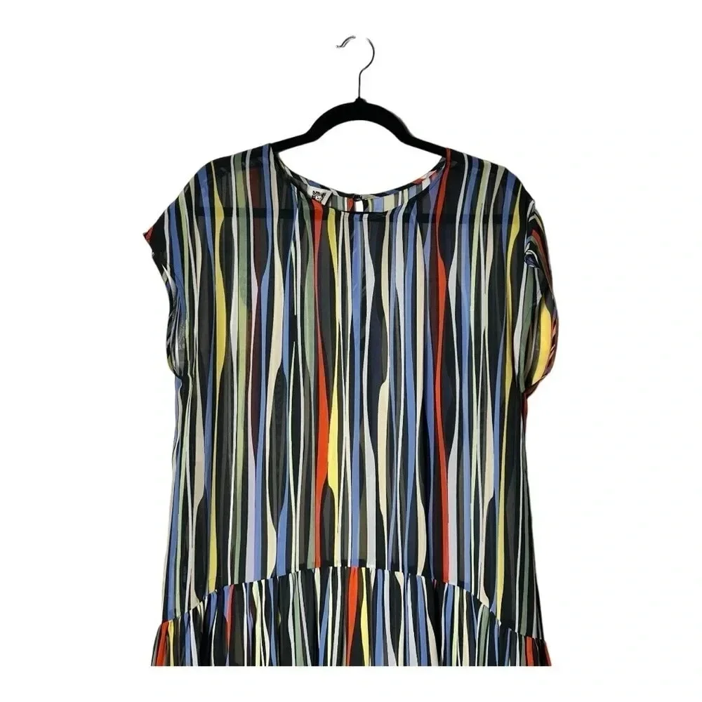 1911. ANNE KLEIN STRIPED SHORT SLEEVE COVERUP/OVERLAY DRESS HI LOW‎ BOTTOM SZ 10